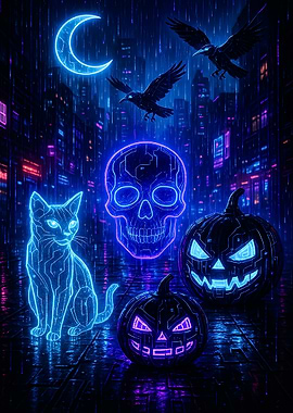 Neon Halloween Night Cityscape