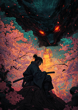 Samurai and Wolf Spirit in Cherry Blossoms