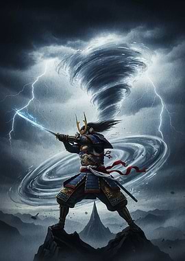 Samurai Warrior with Lightning and Tornado