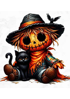 Halloween Scarecrow with Black Cat