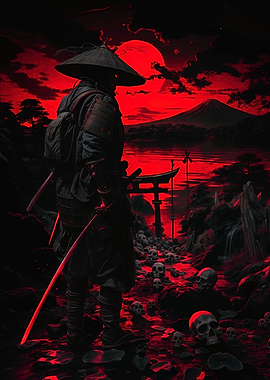 Samurai in Red Landscape with Skulls