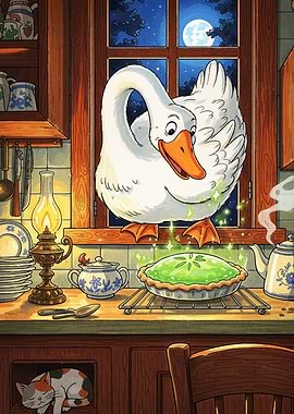 Goose and Pie in Kitchen Scene
