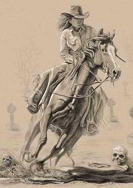 Cowgirl Riding Horse Through Cemetery