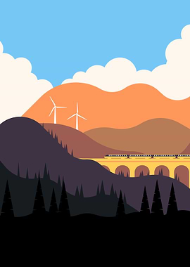 Flat Landscape with Train and Windmills