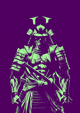 Samurai Warrior Illustration in Green and Purple