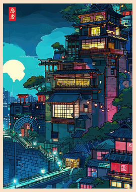 Japanese Town at Night Digital Art