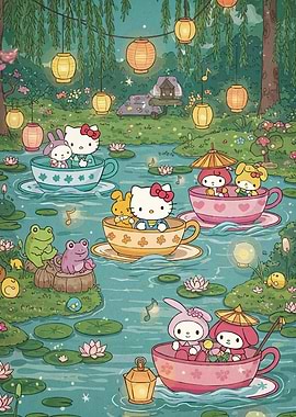 Cat Animal Tea Party in the Pond