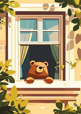 Bear in Window Illustration
