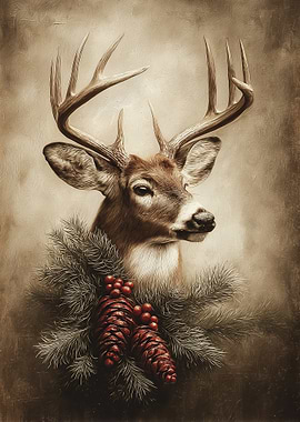 Deer Portrait with Pine and Cones