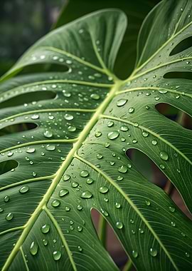 Monstera Leaf with Water Droplets