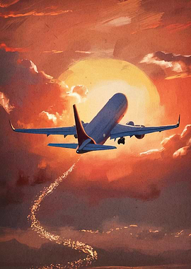 Airplane Taking Off Sunset