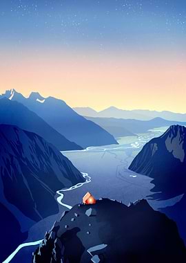 Mountain Cabin at Dusk Illustration