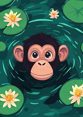 Cartoon Monkey in Lily Pond Illustration