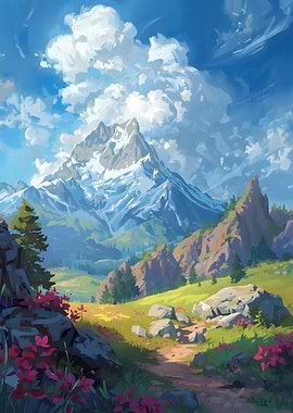 Mountain Landscape Painting with Flowers