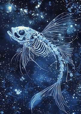 A skeleton fish swims through an ocean of stars.