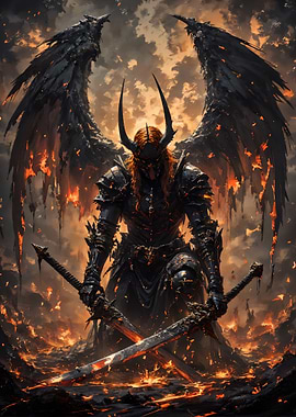 Winged Warrior in Fiery Landscape