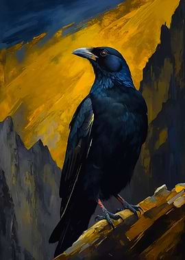 Raven Perched Against Mountain Backdrop Painting