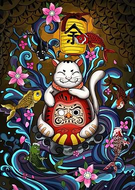 Maneki Neko and Daruma Doll Art