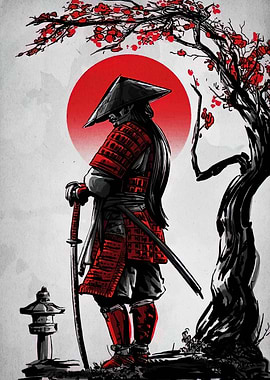 Samurai Warrior with Cherry Blossom Tree