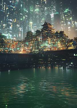 Cyberpunk Cityscape with Asian Architecture