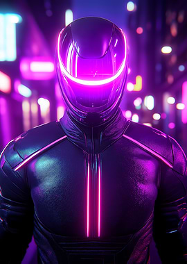 A cyberpunk warrior in a glowing neon-lit city