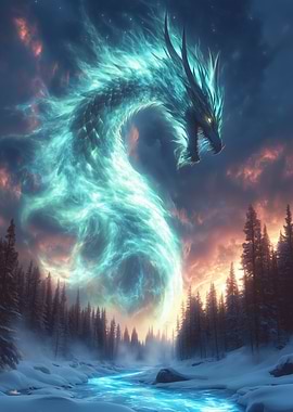 Ethereal Dragon over Winter Landscape