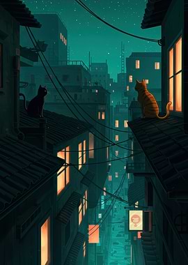 Cats on Rooftops at Night