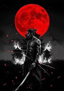 Tattooed Samurai with Red Moon