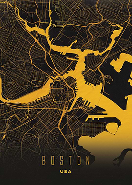 Golden Map of Boston - Modern USA City Wall Art