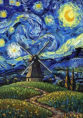 Starry Night with Windmill Painting