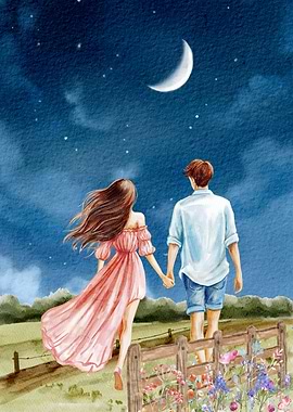 Couple walking under starry night sky