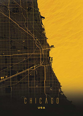 Golden Map of Chicago- Modern City Wall Art