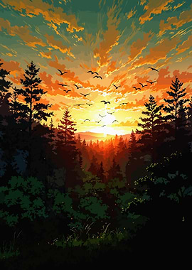 Forest Sunset with Birds
