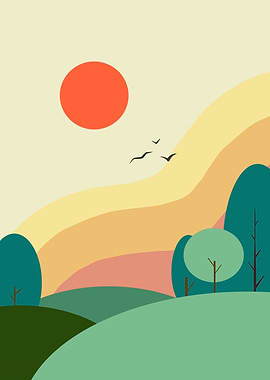 Minimalist Landscape with Sun and Birds