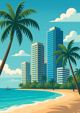 Tropical Beach with City Skyline