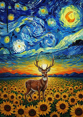 Deer in Sunflower Field, Starry Night