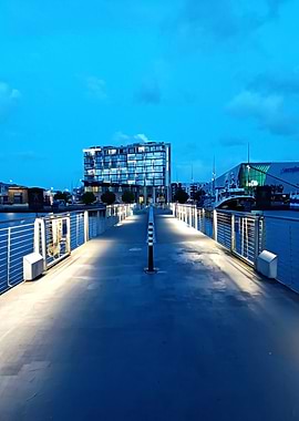 Night bridge with building background at Cherbourg