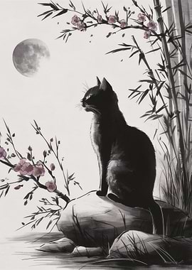 Black Cat Under Moonlit Cherry Blossoms