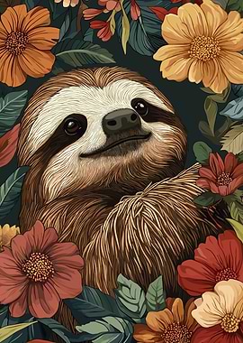 Sloth Surrounded by Flowers Illustration