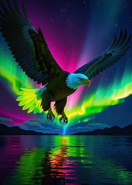 Eagle flying water aurora