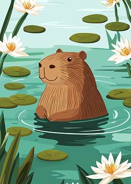 Capybara in Water Lily Pond