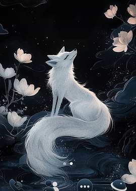 White Fox and Lotus Flowers Illustration