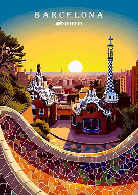 Barcelona Spain Park Güell Illustration