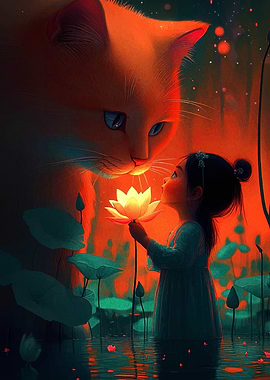 Girl, Cat, and Lotus Flower