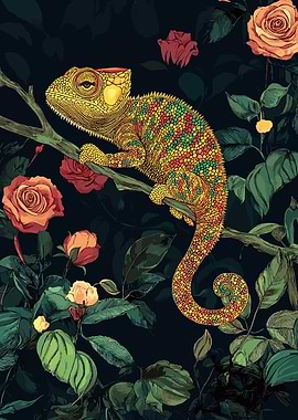 Chameleon and Roses Illustration