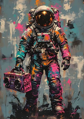 Astronaut with Boombox Colorful Digital Art