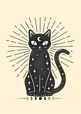 Mystical Black Cat with Moon and Stars