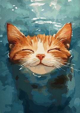 Smiling Cat in Water Painting