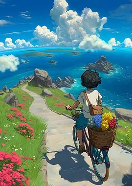 Anime girl cycling by the sea