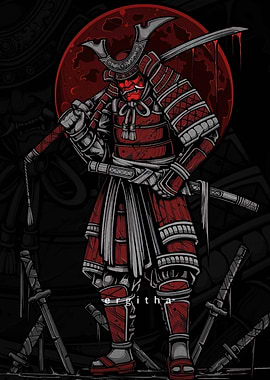 Red Samurai Warrior with Swords